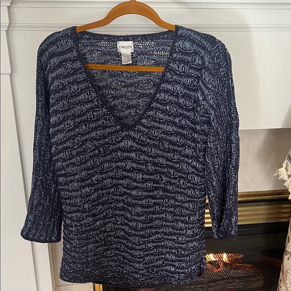 Chico's Navy and White V-Neck Sweater